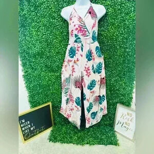 JAPNA HAWAIIAN PINK FLORAL JUMPSUIT CROSSOVER TOP TIES IN BACK WIDE LEG
 Size 10
